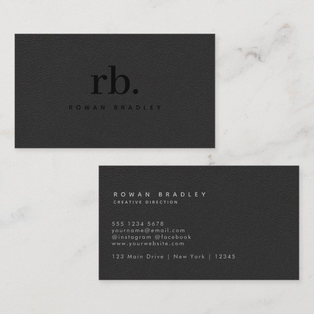Black & Gray Leather Monogram Clean Professional Business Card (Front/Back)