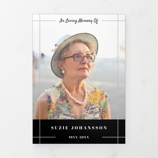 Black Gray Lines In Loving Memory Photo Funeral Tri-Fold Program (Cover)