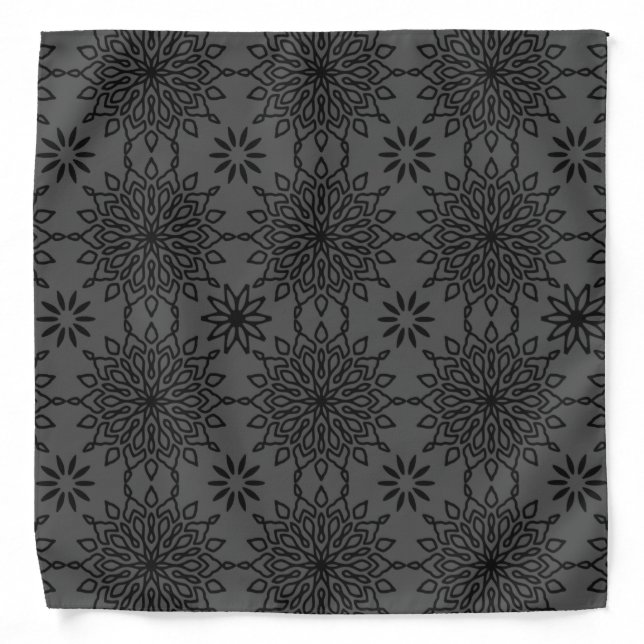 Black Gray Mandala Flower Circles Boho Pattern Bandana (Front)