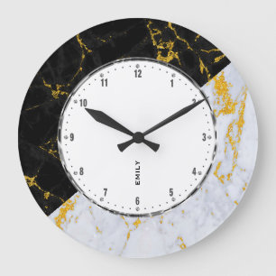 Black & Gray Marble, Gold Accent Geometric Design Large Clock