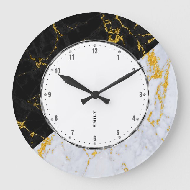 Black & Gray Marble, Gold Accent Geometric Design Large Clock (Front)