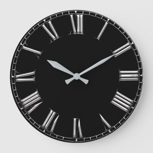 Black Gray Metal Minimal Silver Roman Numbers Lux Large Clock