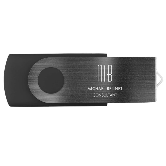 Black Gray Metallic Monogram Consultant Flash Drive (Front)
