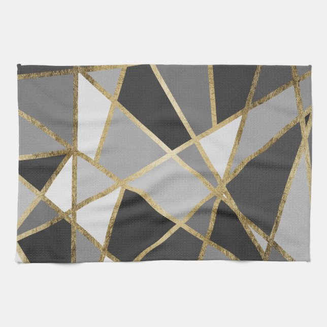 Black & Gray Modern Geo Gold Triangles Kitchen Towel (Horizontal)