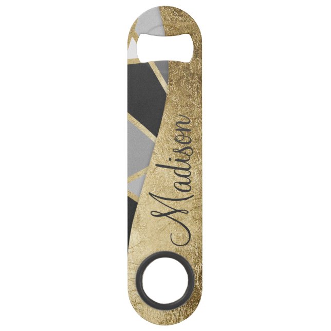 Black & Gray Modern Geo Gold Triangles Monogram Speed Bottle Opener (Front)