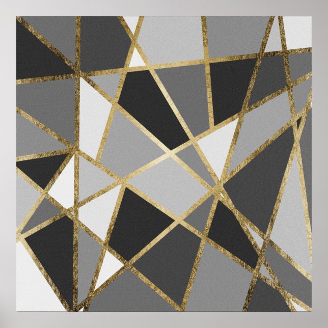 Black & Gray Modern Geo Gold Triangles Poster (Front)