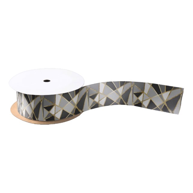 Black & Gray Modern Geo Gold Triangles Satin Ribbon (Spool)