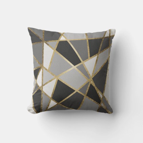 Black  Gray Modern Geo Gold Triangles Throw Pillow