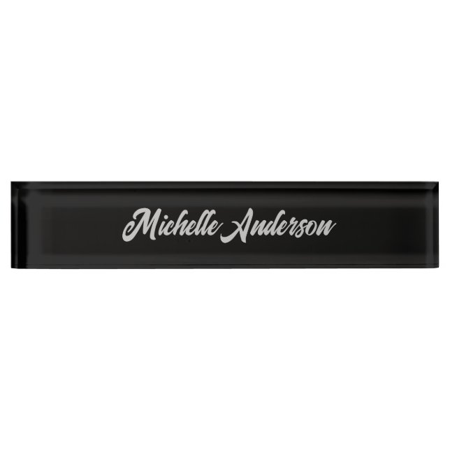 Black Gray Modern Minimalist Handwriting Name Desk Name Plate (Front)
