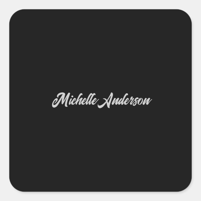 Black Gray Modern Minimalist Handwriting Name Square Sticker (Front)