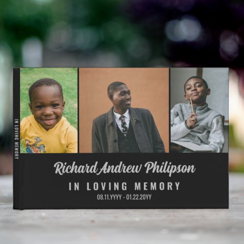 Black Gray Modern Script 3 Photos In Loving Memory Guest Book