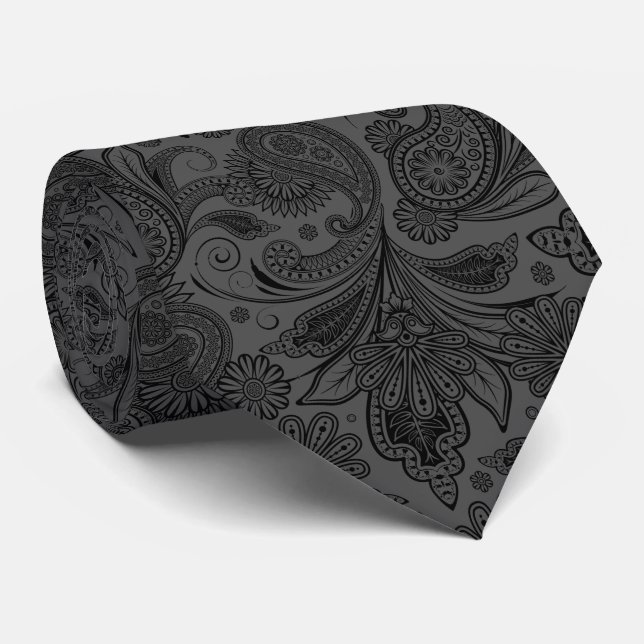 Black & Gray Monochromatic Vintage Ornate Paisley Tie (Rolled)