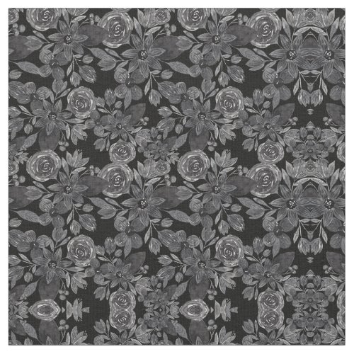 Black Gray Monochrome Watercolor Floral Leaves Fabric