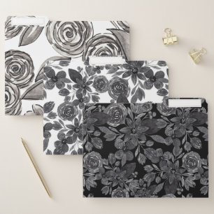 Black Gray Monochrome Watercolor Floral Leaves File Folder