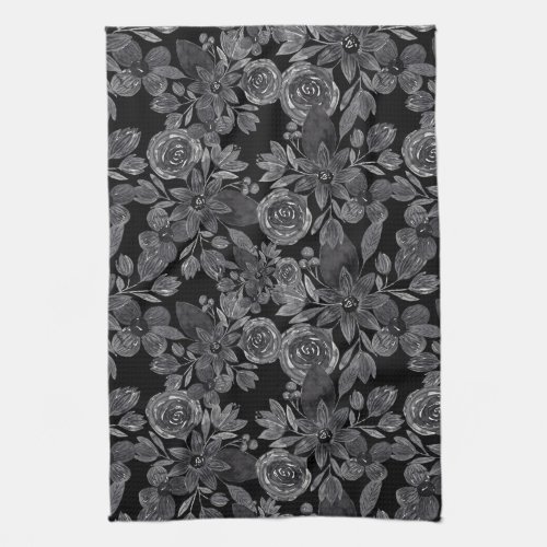 Black Gray Monochrome Watercolor Floral Leaves Kitchen Towel