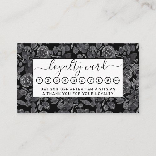 Black Gray Monochrome Watercolor Floral Leaves Loyalty Card