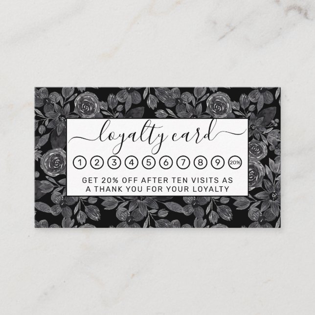 Black Gray Monochrome Watercolor Floral Leaves Loyalty Card (Front)