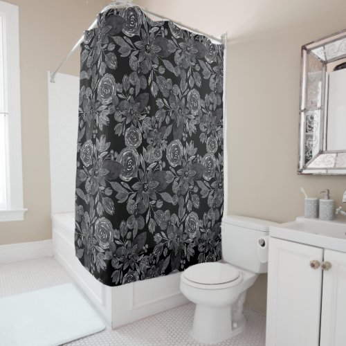 Black Gray Monochrome Watercolor Floral Leaves Shower Curtain