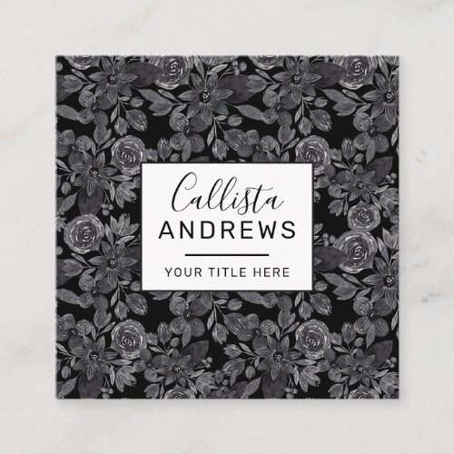 Black Gray Monochrome Watercolor Floral Leaves Square Business Card