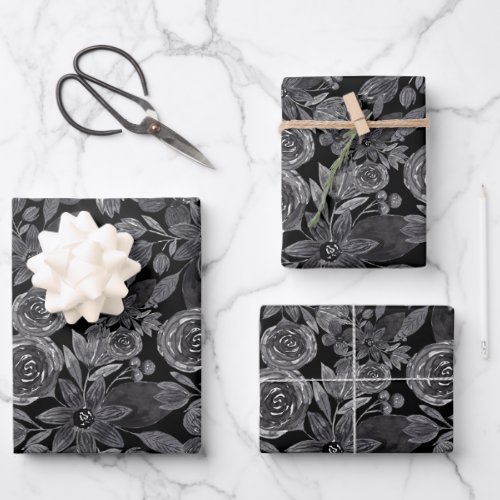 Black Gray Monochrome Watercolor Floral Leaves Wrapping Paper Sheets