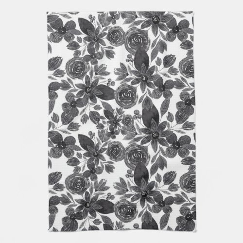 Black Gray Monochrome Watercolor Flower Leaves Kitchen Towel