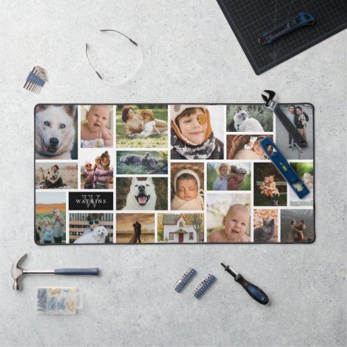 Black Gray Monogram 22 Photo Collage Desk Mat