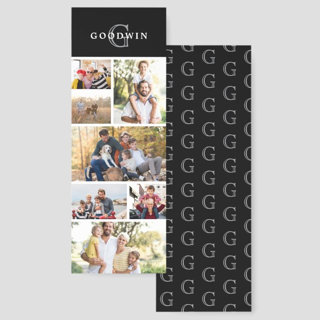 Black Gray Monogram 6 Family Photos Collage Bookmarks (Front & Back)