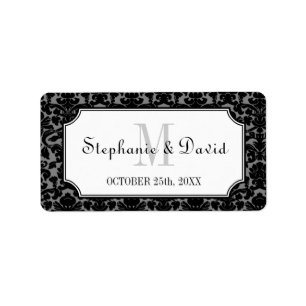 Black gray monogram damask frame wedding favor tag