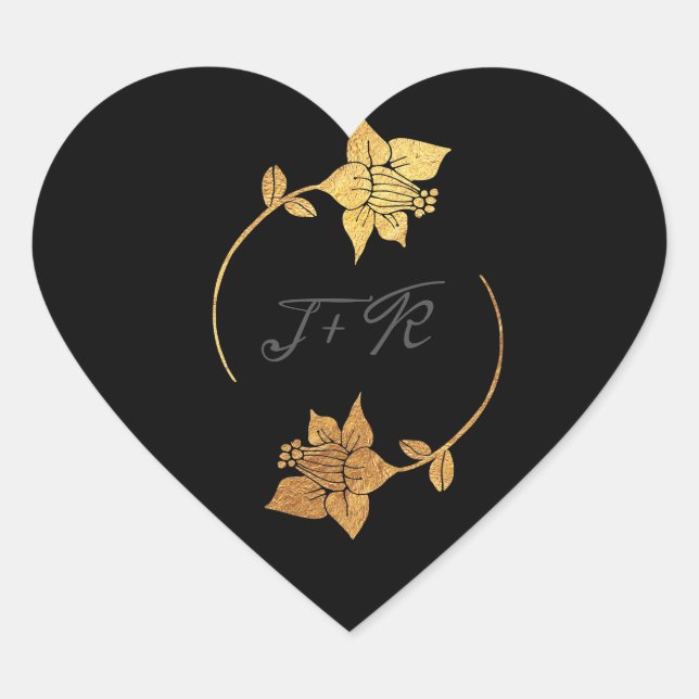 Black Gray Monogram Gold Flowers Initial Minimal Heart Sticker (Front)