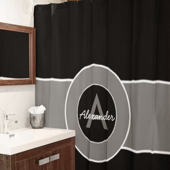 Black Gray Monogram Personalized Shower Curtain (Creator Uploaded)