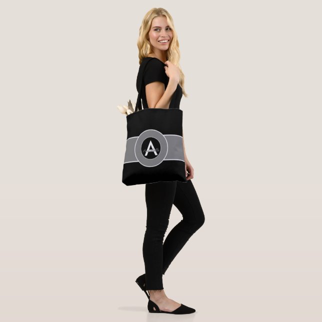 Black Gray Monogram Personalized Tote Bag (On Model)