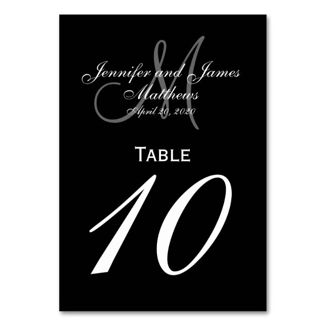 Black Gray Monogram Wedding Table Number Card (Front)