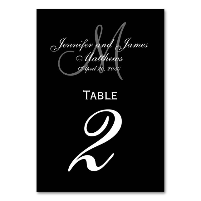 Black Gray Monogram Wedding Table Number Card (Front)