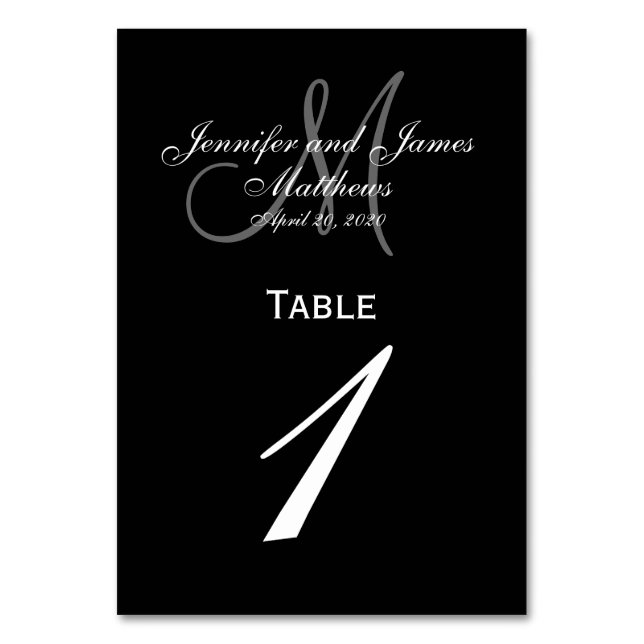 Black Gray Monogram Wedding Table Number Card (Front)