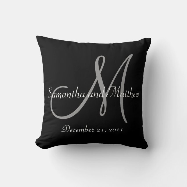 Black Gray Monogram Wedding Throw Pillow (Front)