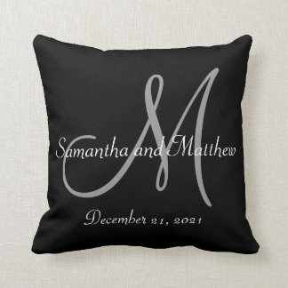 Black Gray Monogram Wedding Throw Pillow