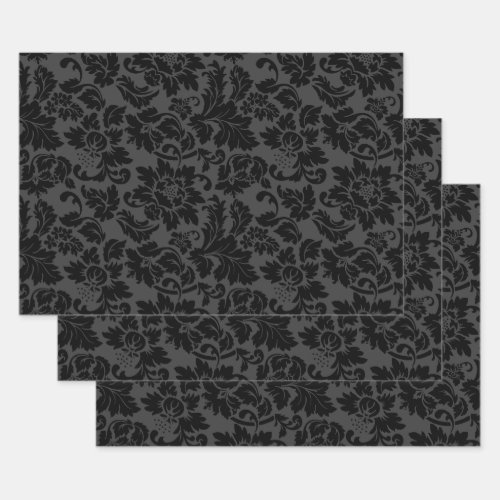 Black  Gray Monotones Floral Damask Wrapping Paper Sheets
