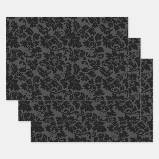 Black & Gray Monotones Floral Damask Wrapping Paper Sheets (Set)