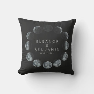 Black Gray Moon Phase Wedding Names Date Custom Throw Pillow