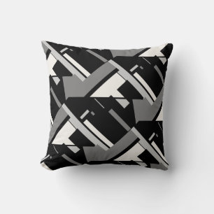 Black Gray Off-white Tiled Diagonal Abstract Art Throw Pillow