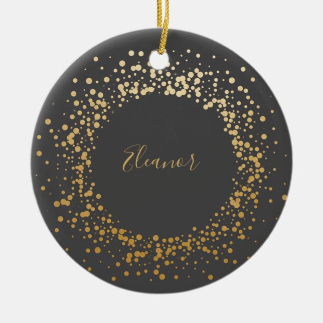 Black Gray Ombre Gold Confetti Dots Personalized   Ceramic Ornament (Front)