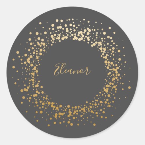 Black Gray Ombre Gold Confetti Dots Personalized  Classic Round Sticker