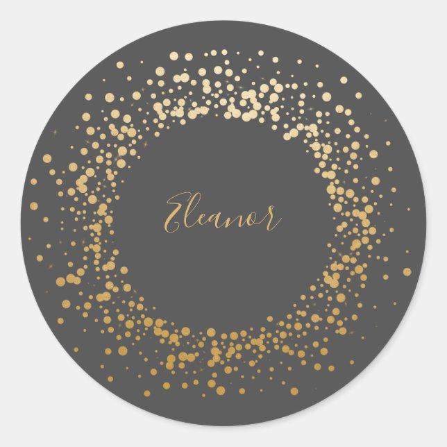Black Gray Ombre Gold Confetti Dots Personalized  Classic Round Sticker (Front)