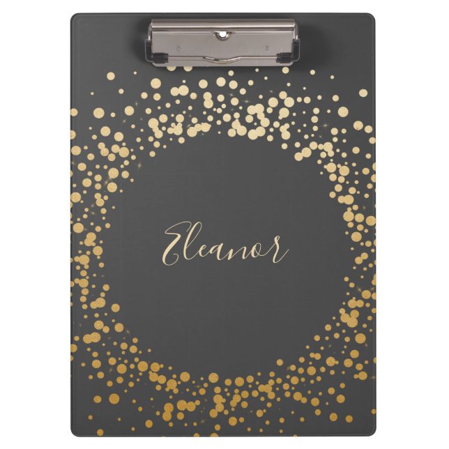 Black Gray Ombre Gold Confetti Dots Personalized   Clipboard (Front)