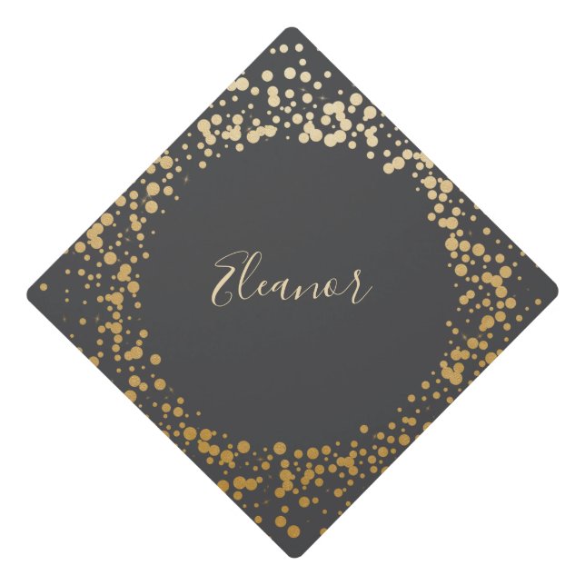 Black Gray Ombre Gold Confetti Dots Personalized Graduation Cap Topper (Front)
