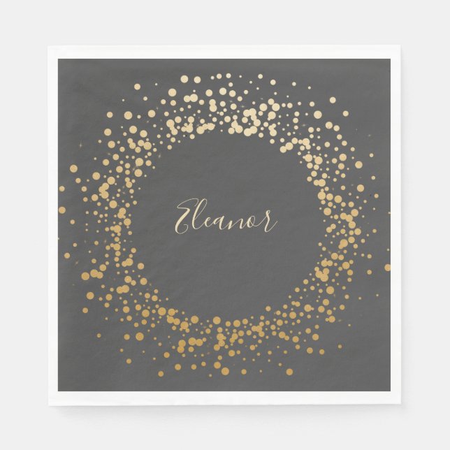 Black Gray Ombre Gold Confetti Dots Personalized Napkins (Front)