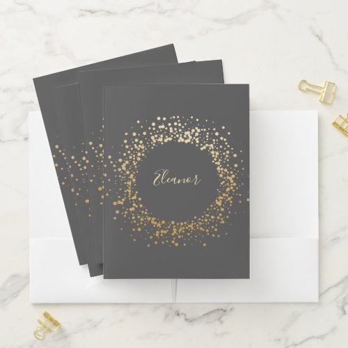 Black Gray Ombre Gold Confetti Dots Personalized Pocket Folder