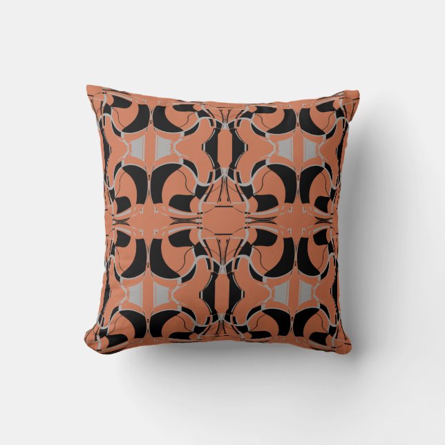 Black Gray on Burnt Orange Large Tiles Pattern Throw Pillow (Front)