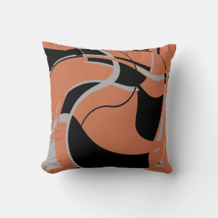 Black Gray on Burnt Orange Swirling Abstract Motif Throw Pillow