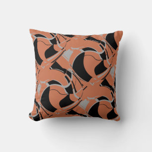 Black Gray on Burnt Orange Swirling Large Tiles Throw Pillow